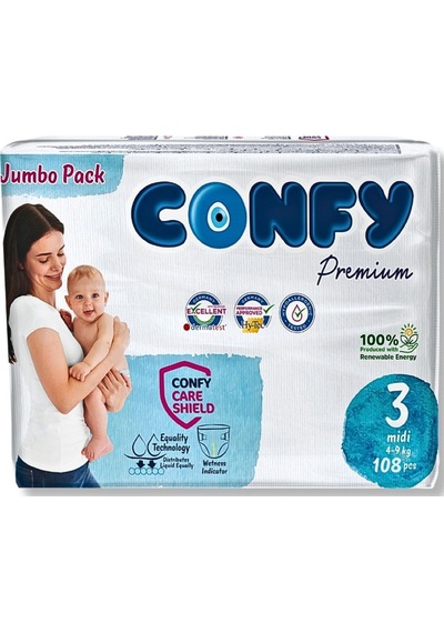 Confy Premium Bebek Bezi 3 Numara Midi  4 - 9 Kg 108 Adet