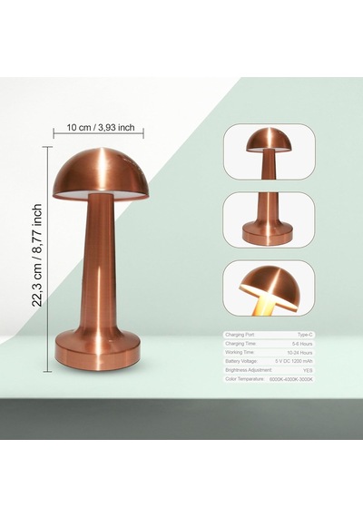 Ba-er Modern Taşınabilir Masa Lambası, Şarj Edilebilir Batarya, Led, 24 Saate Kadar Uzun Kullanım Süresi, Şık Restoranlar/yatak Odası/akşam Yemeği/kahve Masası 3 Seviye Parlaklık, Metal - Bakır Renk Diğer