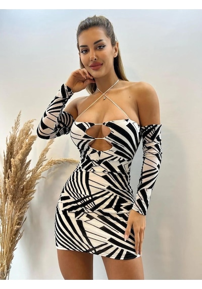 Pink Life Beyaz Flog Baskılı Mini Elbise-Beyaz