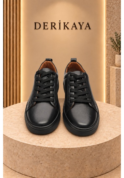 Deri Kaya Erkek Minimal Tasarım Bağcıklı Günlük Sneaker Spor Ayakkabı Siyah