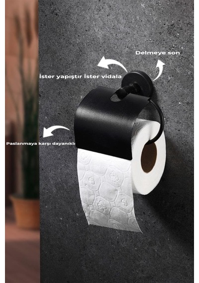 Siyah Geniş Kapaklı Vidalı Tuvalet Kağıtlığı Wc Kağıtlık Tuvalet Kağıdı Askısı Metal Diğer
