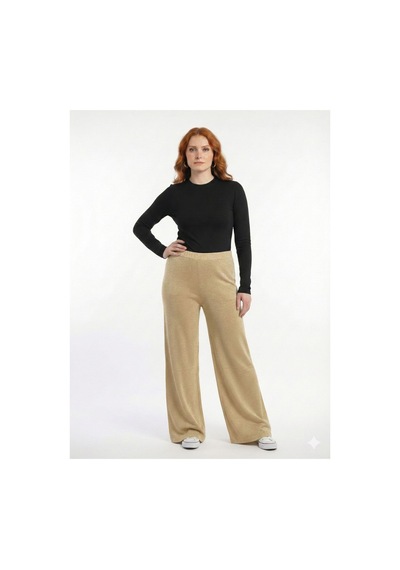 Neden Tekstil Kadın Simli İpsiz İnce Fitilli Bol Paça Örme Pantolon - Camel-gold