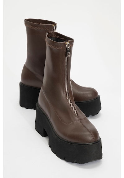 Luvishoes Luvi Shoes Ovil Kahve Cilt Kalın Taban Fermuarlı Kadın Bot Kahverengi Deri