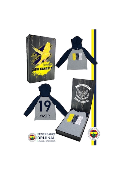 Fenerium Fenerbahçe Lisanslı Kişiye Özel Kapüşonlu Lacivert Gri Çocuk Sweat Ahşap Kutulu Lacivert