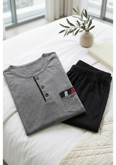 Mataş Erkek Gri Viskon Karışımlı Uzun Kollu Düğmeli Biyeli Soft Pijama Takımı
