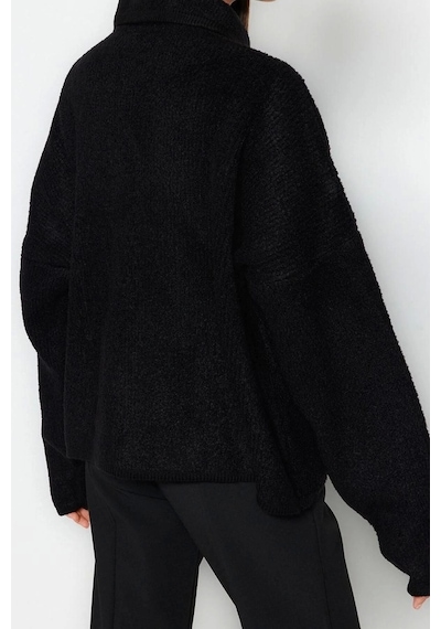 Ersefa Kadın Modern Tarz Oversize Polo Yaka Regular Triko Hırka Siyah