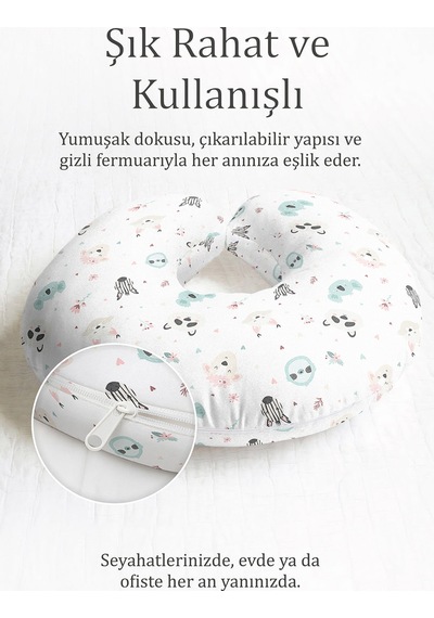 Hayvan Figürlü Pamuklu Boyun Yastığı - Sevimli Karakterler Mint Beyaz Seyahat Yastığı Çok Renkli