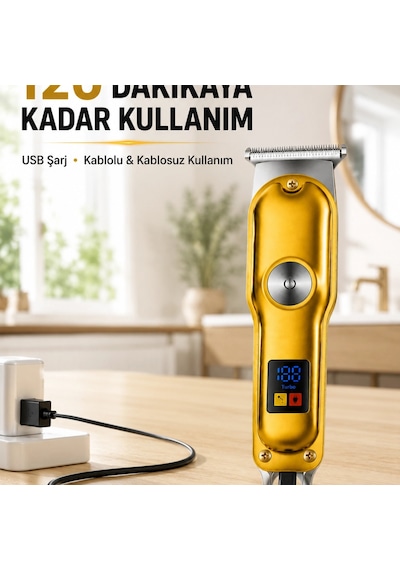 Profesyonel Saç Sakal Tıraş Makinesi T Bıçaklı Turbo Modlu Led Ekranlı 3 Taraklı Şarjlı