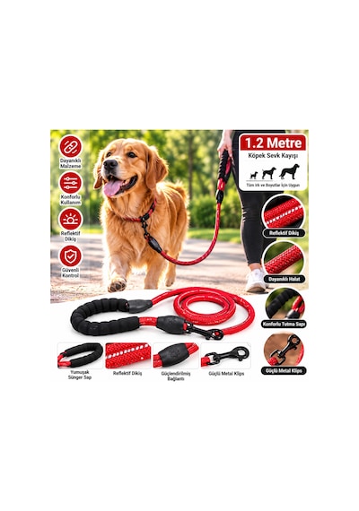 Doglife Soft Tutmalı Reflektörlü Köpek Sevk Kayışı Gezdirme Tasması 120cm 8mm - Kırmızı Çok Renkli