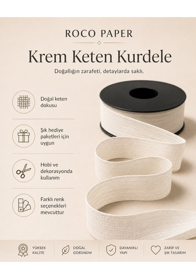 Krem Keten Kurdele 2,5 Cm X 20 Metre, Hediye Paketi Ve Hobi Şerid Standart