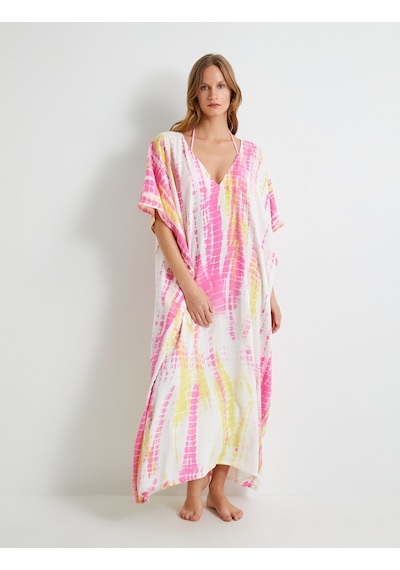 Koton Uzun Plaj Elbisesi Oversize Batik Desenli V Yaya Viskoz Kumaş Pembe Desenli 4sak80012mw Pembe