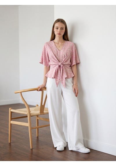 Pera Moda Leopar Desenli Önden Bağlamalı Beli Lastikli Crop Bluz Gömlek Pembe