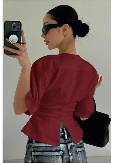 Kadın Bordo Kısa Kollu Sırt Dekolteli Slim Fit Bluz/t-shirt Bordo