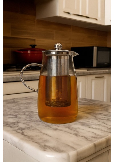 1500 Ml Cam Metal Süzgeçli Demlik Isıya Dayanıklı Detoks Sürahisi & Bitki Çayı Karafı