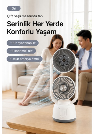Şarjlı Çift Su Püskürtmeli 3 Kademeli Ayarlanabilir Masaüstü Fan Gri