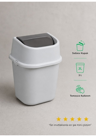 Gri Çöp Yut Tezgah Üstü Çöp Kovası 3 L - Inox Ve Gri Mutfak Uyumlu Mini Sallanır Kapak Çöp Kutusu