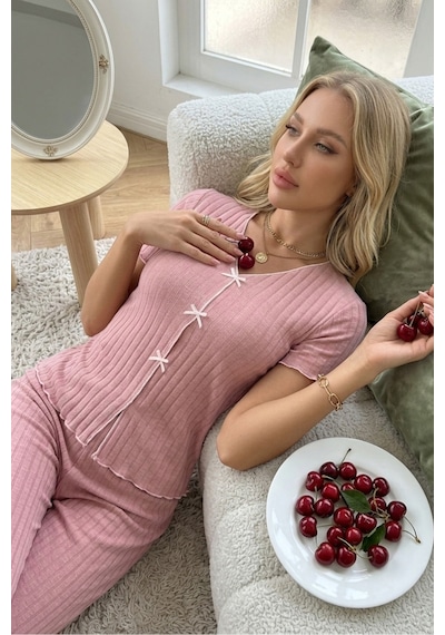 Bella Notte V Yaka Pamuklu Fiyonk Detaylı Pijama Takımı Krem