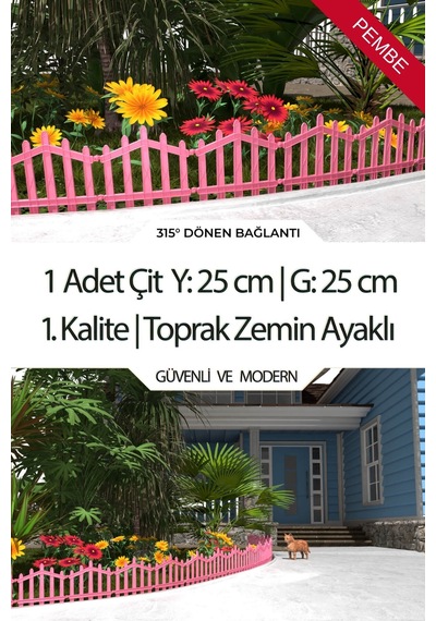 Dekoratif Plastik Bahçe Çiti Ve Peyzaj Çiti 1 Adet Çit Y: 25 Cm / G: 25 Cm Toprak Ayaklı - Pembe