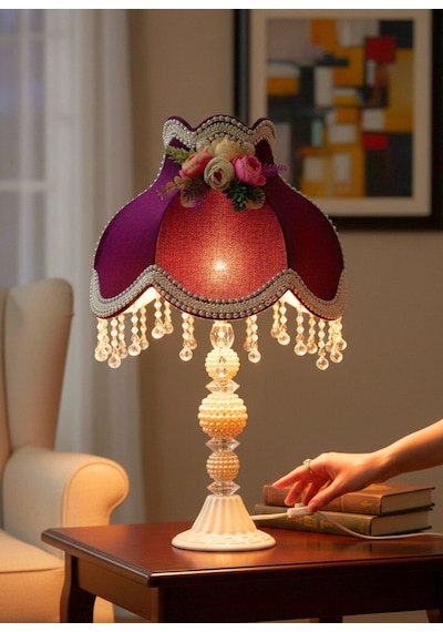 Mürdüm Kadife 3d Çiçek Dekorlu Gece Lambası Abajur 50x30cm Ab0025p