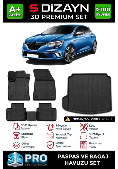 S-dizayn Renault Megane 4 Sedan 3d Pro Havuzlu Paspas Ve Sol Kulak Paspas Bagaj Havuzu Seti 2'li Se