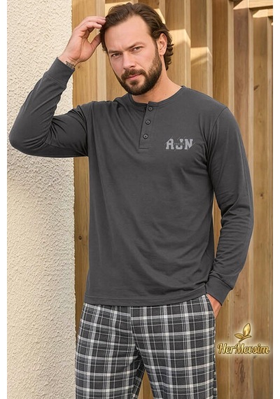 Hermevsim Aydoğan Erkek Pijama Takımı %100 Pamuk Süprem Patlı Yaka Uzun Kol Koyu Gri Tuna 260537 Hermevsim Aydoğan Erkek Pijama Takımı %100 Pamuk Süprem Patlı Yaka Uzun Kol Koyu Gri Tuna 260537