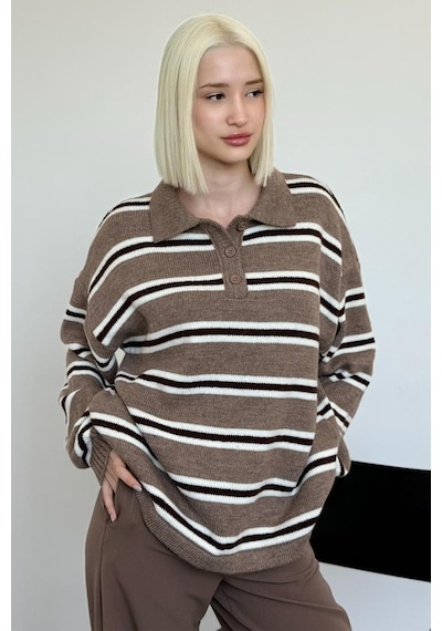 Madmext Vizon Polo Yaka Çizgili Kadın Triko Kazak Mg2469 Vizon