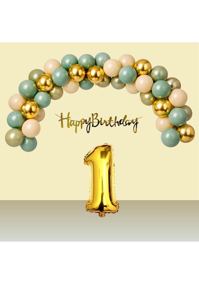 1 Yaş Retro Gold Kromgold Küfyeşili Kumbeji Balon Happy Birthday Banner Gold Rakam Doğum Günü Süsü Çok Renkli