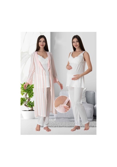 Effortt Dvina Lohusa Hamile Çizgili Sabahlıklı Askılı Pijama Takımı - Ekru Ekru