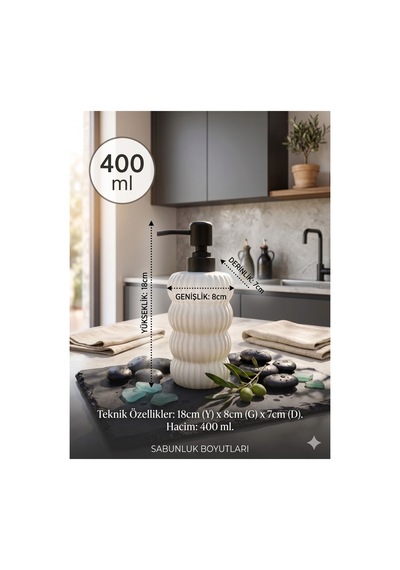 Dalgalı Seramik Mat Siyah Pompalı Sıvı Sabunluk - 400 Ml - 18 X 8 X 7 Cm Beyaz