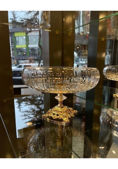 Lotus Kristal 24 Cm Kesme Dekor Gold Döküm Ayak Salata Kasesi Cam Sunumluk & Salata Kase Naturel