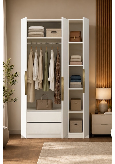 Gama 3 Kapaklı Çekmeceli+ Raflı Tasarım Kulplu 253 Cm Gardırop Elbise Dolabı Beyaz