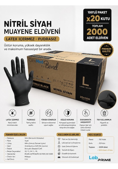 Siyah Nitril Eldiven - L Beden - Koli 20 Adet X 100'lü Paket