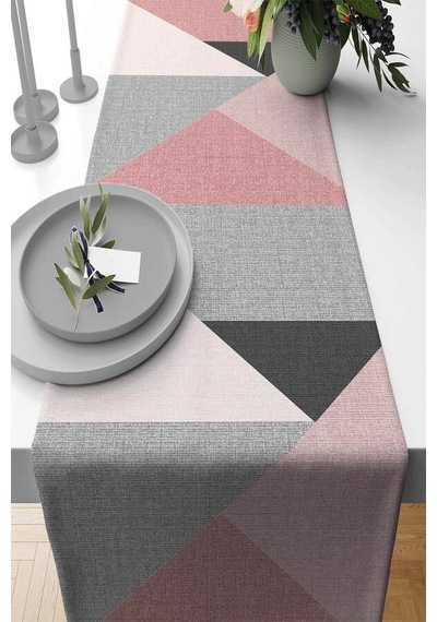 Pembe Geometrik Desenli Premium Masa Örtüsü Runner Rnr390n11