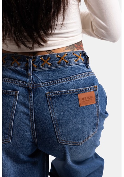 Kadın Mavi 2w6-5 Palazzo Fit Kemer Detaylı Özel Tasarım Denim Jean