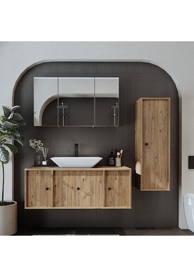 Lavabolu Mdf 120 Cm Çekmeceli Banyo Dolabı + Aynalı Üst Dolabı Atlantik Çam