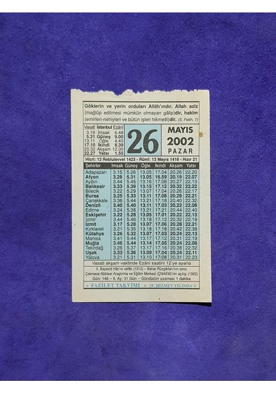 26 Mayıs 2002 Takvim Yaprağı - Nostalji Koleksiyonluk Takvim Yaprağı A