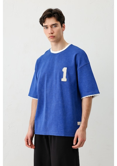Vamos Oversize Baskılı Tişört V70-134 Saks