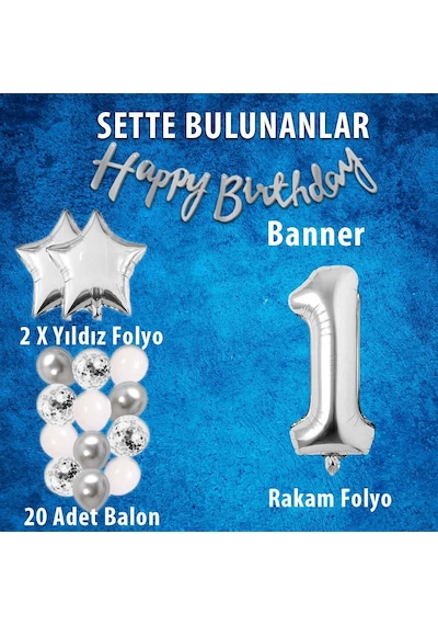 Gümüş Konsept 1 Yaş Doğum Günü Kutlama Seti Beyaz Gümüş Konfetili