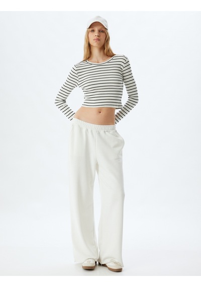 Koton Çizgili Crop Tişört Uzun Kollu Bisiklet Yaka Slim Fit Multıcolor 5wal10355ık Mavi