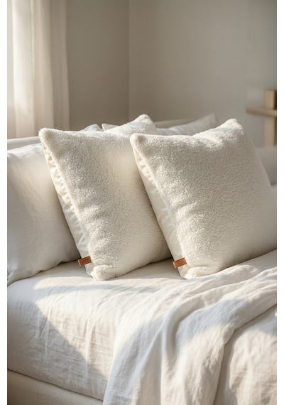 İskandinav Bohem 2'li Kırlent Kılıfı Modern Dekoratif Salon Koltuk Yastık Kılıfı 55x55 cm Teddy Puffy Beyaz