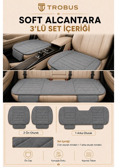 Opel Combo Üniversal Soft Alkantra Çizgili 3 Parça Oto Koltuk Minderi Gri
