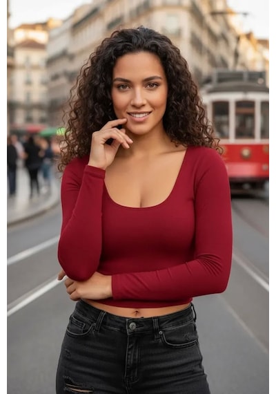 Beru Bordo Derin U Yaka Crop Top Uzun Kollu Dar Kesim Kadın Bluz L - XL