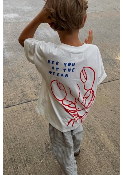 Monila Unisex Çocuk Pamuklu Kumaş Istakoz Baskılı T-shirt Ekru