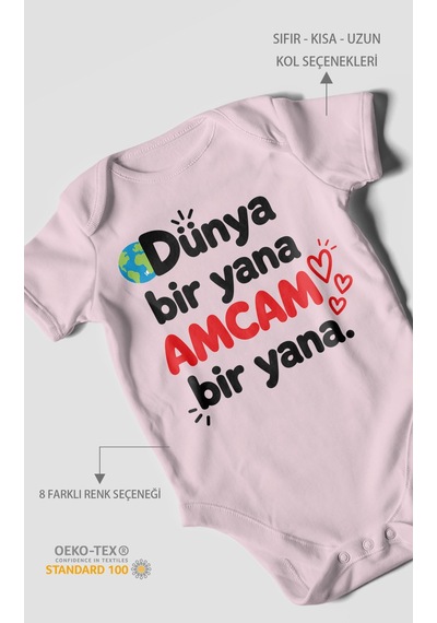 Morivokids Dünya Bir Yana, Amcam Bir Yana Kısa Kollu Bebek Body %100 Pamuk Bebe Pembe