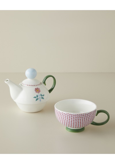 Rustic Florals New Bone China Demlik Seti 380 260 Ml Mavi - Pembe