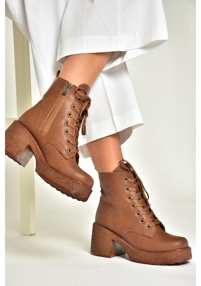 Fox Shoes T996533009 Taba Kalın Topuklu Kadın Bot Taba-Suni Deri Taba