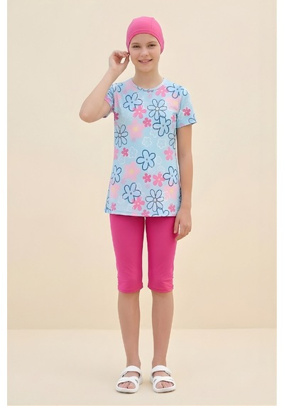 Modanino Kız Çocuk 3'lü Mayo Takımı Kısa Kollu Üst+diz Boy Alt Ve Bone 7-16 Yaş 12591b Mavi - Pembe Modanino Kız Çocuk 3'lü Mayo Takımı Kısa Kollu Üst+diz Boy Alt Ve Bone 7-16 Yaş 12591b Mavi - Pembe