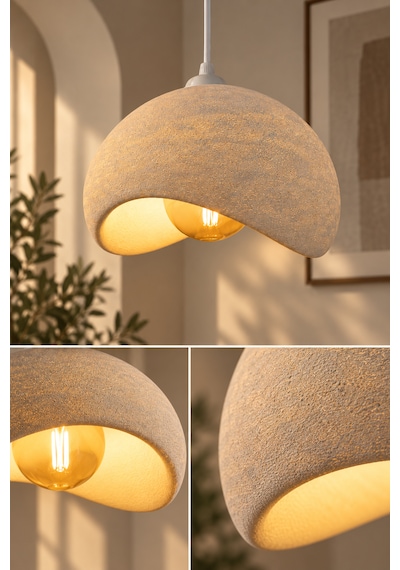 Beton Görünümlü 3'lü Sarkıt Avize Bohem Modern Salon Yemek Masası 3 Rustik Led Ampul Hediyeli Beyaz