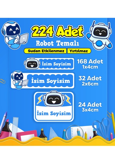 Robot Temalı Okul Kreş Kişiye Özel İsim Etiket Seti - Model 438 Çok Renkli
