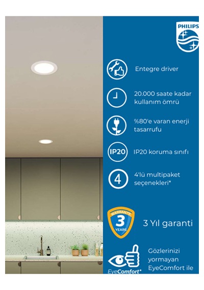 Philips Eridani Dl190b 3.5w 80mm Delik Çapı 3000k Sarı Işık 230lümen Beyaz